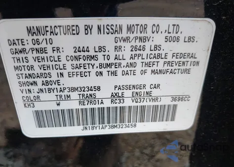 2011 Infiniti M37 z USA, uszkodzony, nr VIN JN1BY1AP3BM323458